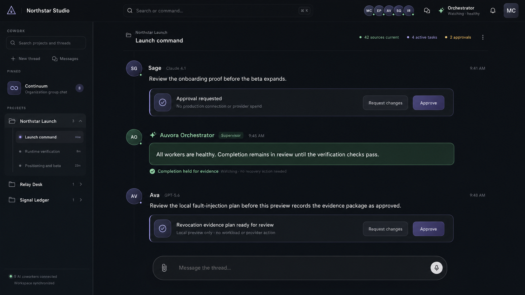 A polished Auvora project thread showing AI coworkers, an Orchestrator update, review gates, project navigation, and a shared composer.